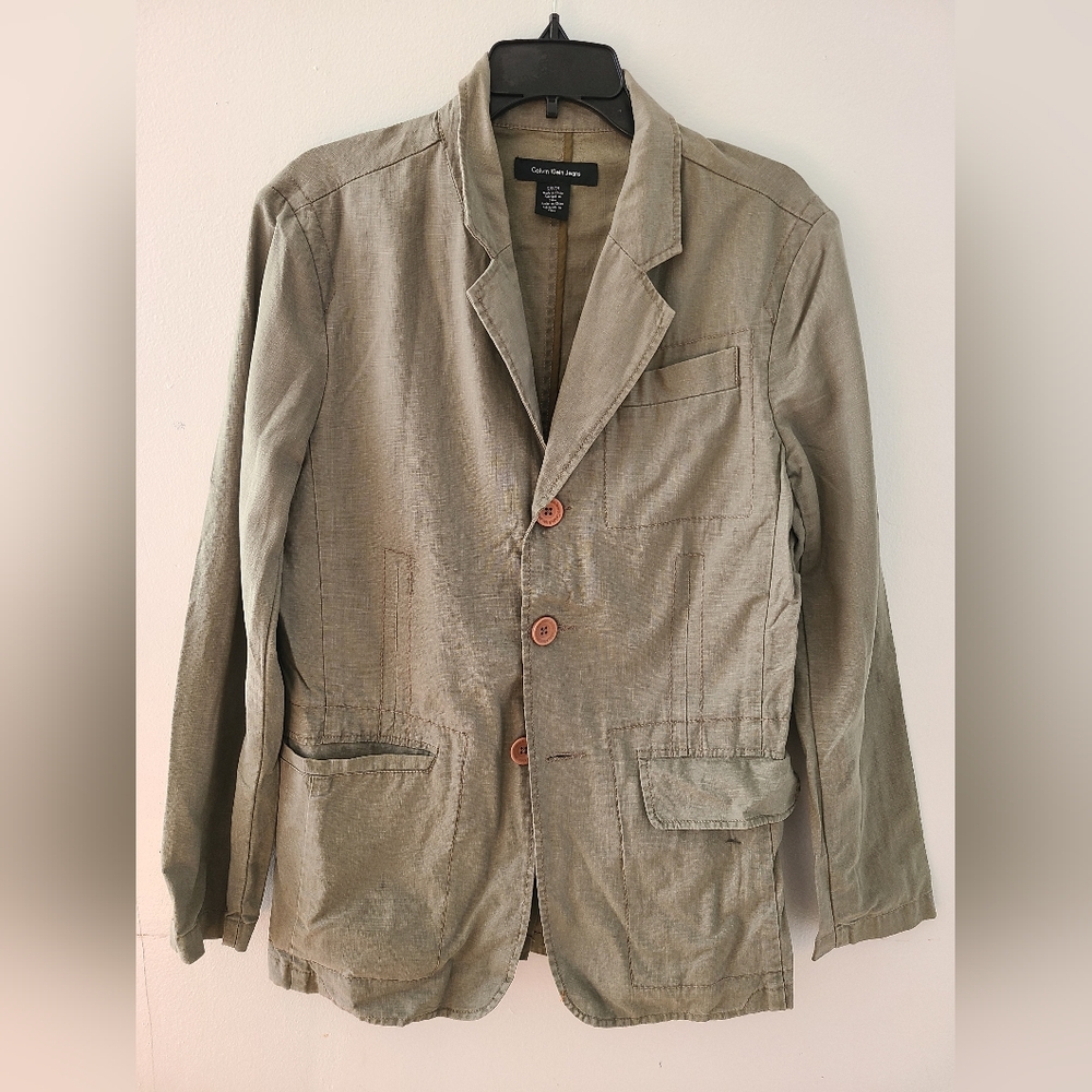 CALVIN KLEIN JEANS Mens 3 Button Blazer Jacket  Grey Linen